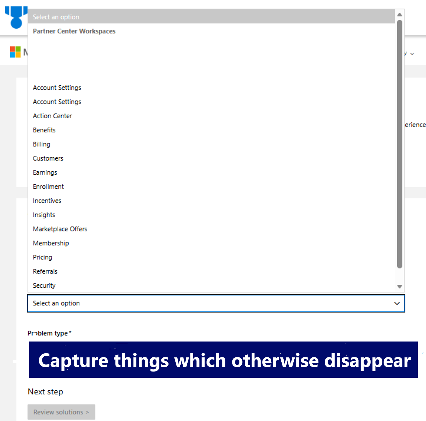 A Microsoft Partner Center dropdown captured while open using 5 Second Snip